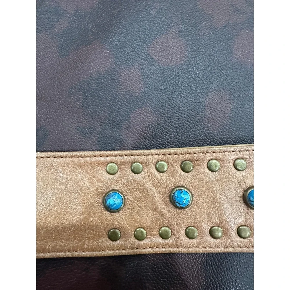 Genuine Italian Leather Turquoise Studded Boho D-Ring Belt Tan Brown Medium